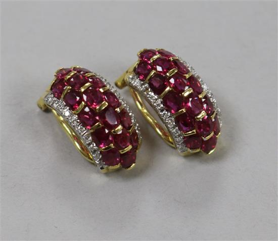 A modern pair of 18ct gold, ruby and diamond cluster half hoop ear clips, 19mm.